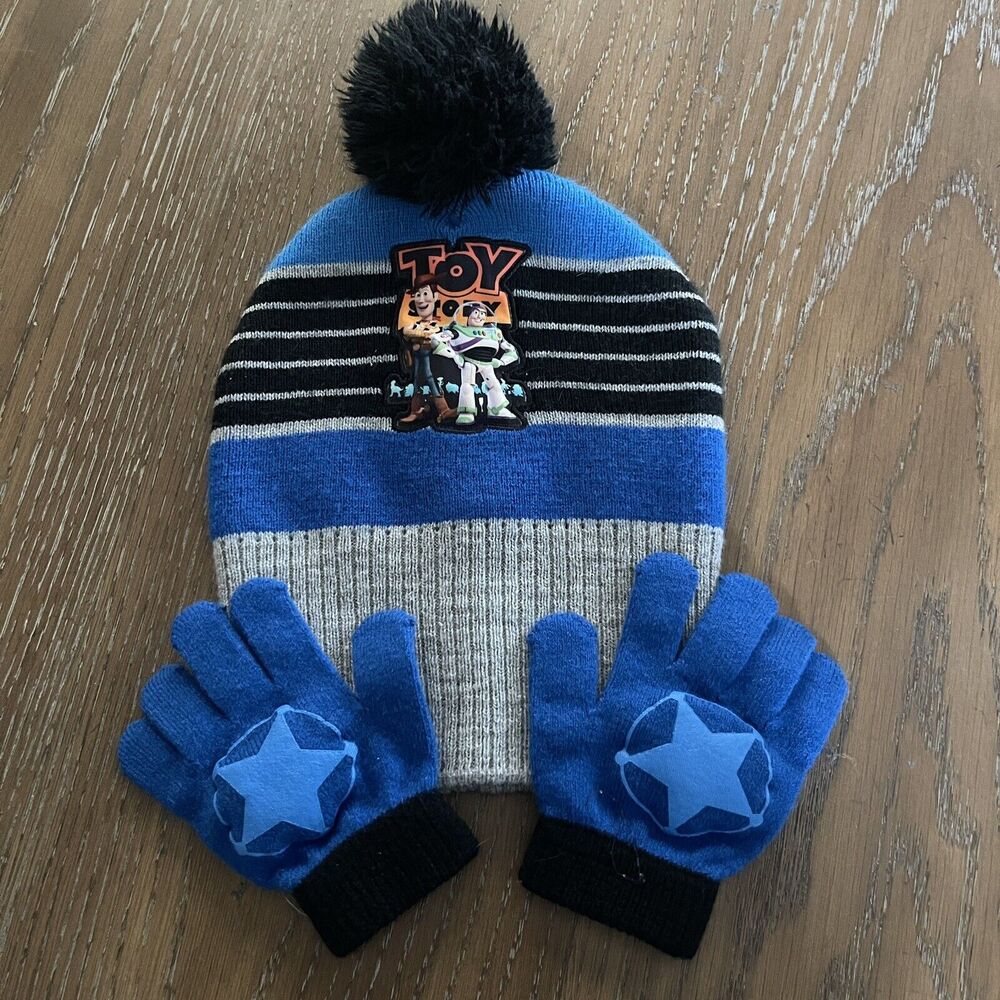 Disney Pixar Toy Story 4 Pom Pom Beanie Glove Set Kids One Size Hat Knit Stretch